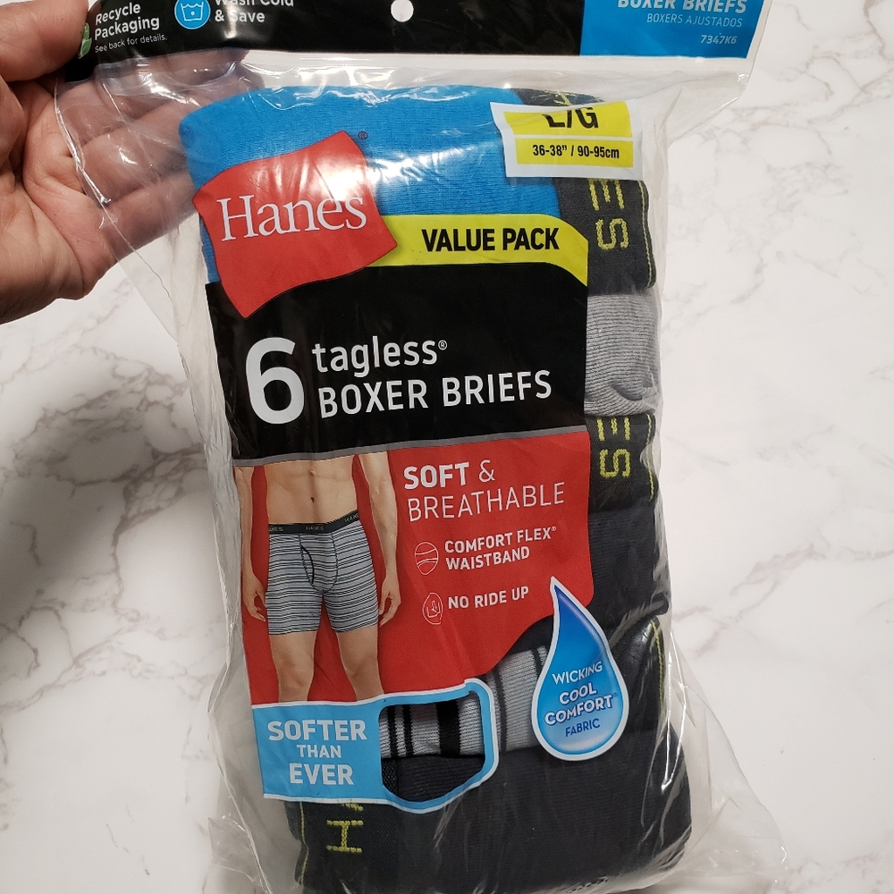 HANES Men's tagless boxer briefs.